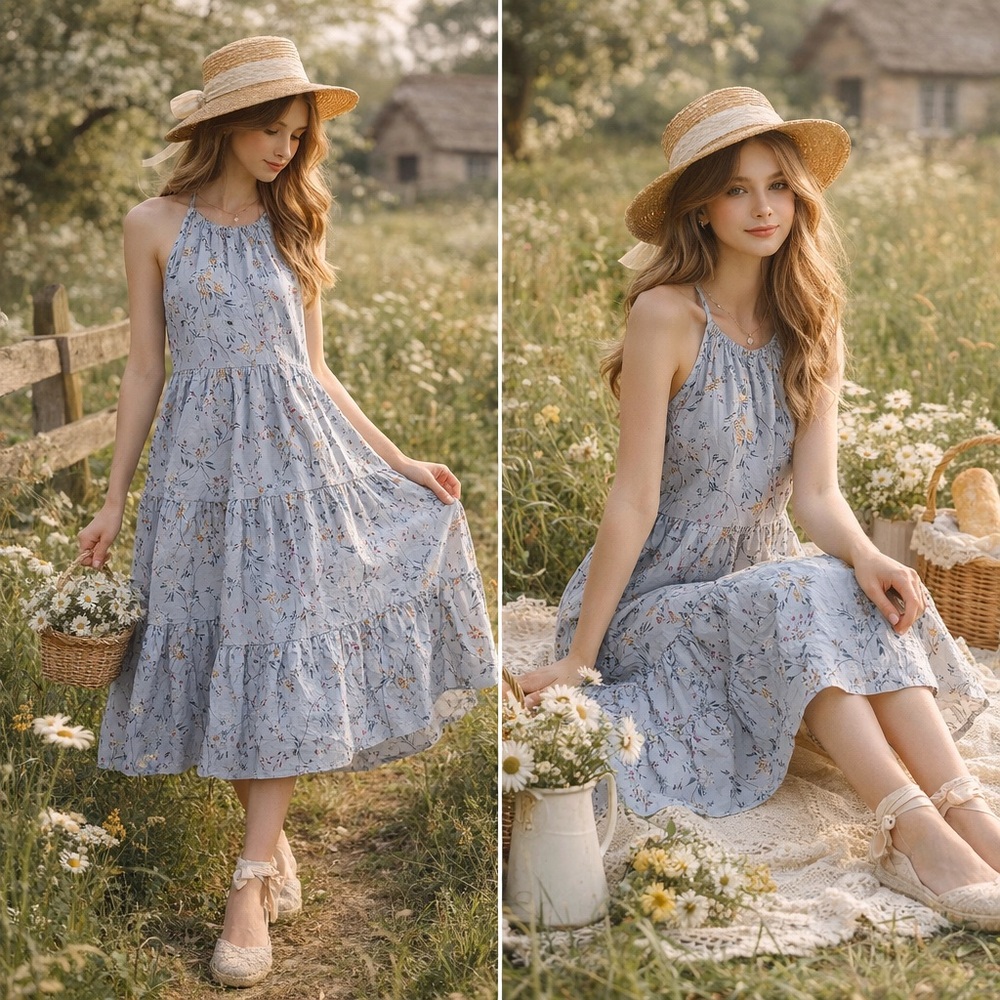 A New Day Floral Tiered Midi Sun Dress | Cottagecore Cotton | Small
